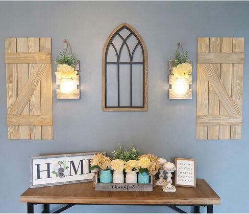 Besuerte Rustic Wall Decor, Wall Hanging Decor Farmhouse Wall Sconces Set of Two with LED Fairy Lights and Pink Flowers, Wall Decor for Dining Room, Living Room, Home Decor(Large,Rustic Gray) in Kuwait