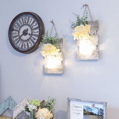 Besuerte Rustic Wall Decor, Wall Hanging Decor Farmhouse Wall Sconces Set of Two with LED Fairy Lights and Pink Flowers, Wall Decor for Dining Room, Living Room, Home Decor(Large,Rustic Gray) in Kuwait