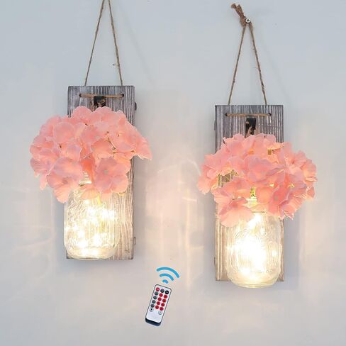 Besuerte Rustic Wall Decor, Wall Hanging Decor Farmhouse Wall Sconces Set of Two with LED Fairy Lights and Pink Flowers, Wall Decor for Dining Room, Living Room, Home Decor(Large,Rustic Gray) in Kuwait