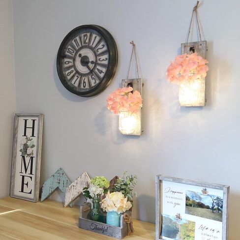 Besuerte Rustic Wall Decor, Wall Hanging Decor Farmhouse Wall Sconces Set of Two with LED Fairy Lights and Pink Flowers, Wall Decor for Dining Room, Living Room, Home Decor(Large,Rustic Gray) in Kuwait