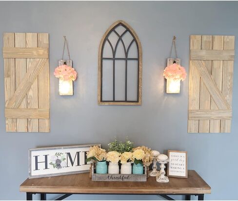 Besuerte Rustic Wall Decor, Wall Hanging Decor Farmhouse Wall Sconces Set of Two with LED Fairy Lights and Pink Flowers, Wall Decor for Dining Room, Living Room, Home Decor(Large,Rustic Gray) in Kuwait