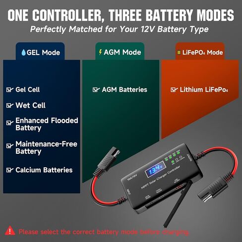MPPT Solar Charge Controller 12V 10A, Solar Panel Charge Controller with Type-C and USB Output for Solar Panel and Gel, AGM, LiFePO₄ Battery in Kuwait