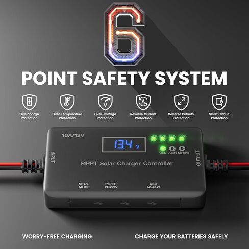 MPPT Solar Charge Controller 12V 10A, Solar Panel Charge Controller with Type-C and USB Output for Solar Panel and Gel, AGM, LiFePO₄ Battery in Kuwait