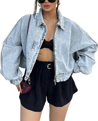 Qazel Vorrlon Womens كبير الحجم من الدنيم سترة Zip up Light Wash Blue Bomber Screet in Kuwait