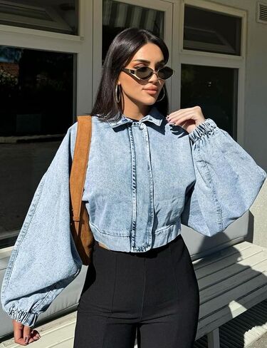 Qazel Vorrlon Womens كبير الحجم من الدنيم سترة Zip up Light Wash Blue Bomber Screet in Kuwait