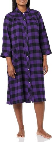 AmeriMark Women's Flannel Calf Length Snap Front Duster House Coat – Plush Bath Robe – Loose Plaid Bathrobe ¾ Sleeves in Saudi Arabia