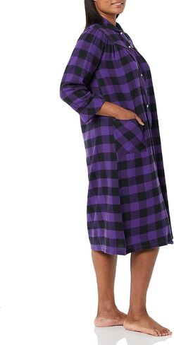 AmeriMark Women's Flannel Calf Length Snap Front Duster House Coat – Plush Bath Robe – Loose Plaid Bathrobe ¾ Sleeves in Saudi Arabia