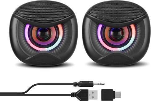 Elimavi USB Computer Speakers, 3.5mm Aux Speaker and USB Powered Interface are Suitable for Desktop Laptop Monitor, Owl Eye Design, Includes a USB-C Adapter, Colorful Lights in Saudi Arabia