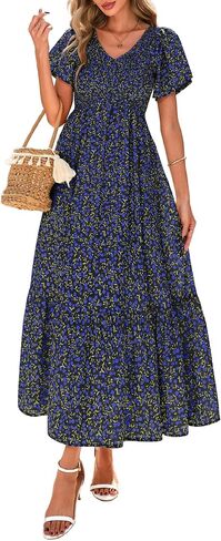 PRETTYGARDEN Boho Dresses for Women 2025 Summer Floral Short Sleeve V Neck Smocked Flowy Beach Vacation Maxi Dress in Saudi Arabia