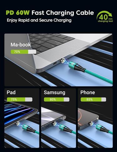 VAFOTON 9Pin PD 60W Magnetic Charging Cable(2Pack, 3.3FT/6.6FT), 3A Magnetic USB C Charging Cable/USB C Charger Cable/Magnet Charger Cable for 1Phone16/15 Series, Ma-Book/1Pad Series, Samsung Galaxy in Saudi Arabia