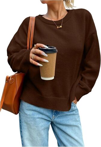 GORGLITTER Women's Crew Neck Oversized Knitted Sweater Long Sleeve Drop Shoulder Lightweight Pullover Old Money Tops in Saudi Arabia