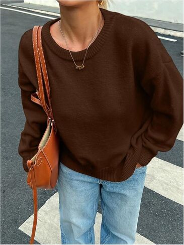 GORGLITTER Women's Crew Neck Oversized Knitted Sweater Long Sleeve Drop Shoulder Lightweight Pullover Old Money Tops in Saudi Arabia