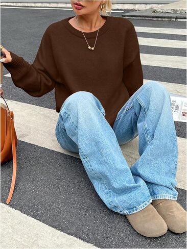 GORGLITTER Women's Crew Neck Oversized Knitted Sweater Long Sleeve Drop Shoulder Lightweight Pullover Old Money Tops in Saudi Arabia