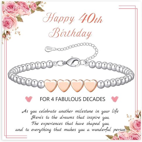 BMMYE 30TH 40th 50th 60th هدايا عيد ميلاد للنساء ، سوار حبة الفضة الاسترليني مع سوار فضي قابل للتعديل لقلب الذهب الوردي للنساء مع بطاقة لأمي ابنة الشقيقة الجدة in Kuwait