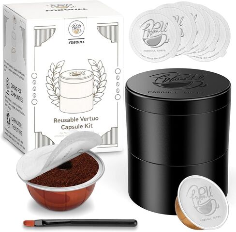 Reusable Kit for Nespresso Pods Vertuo, 50 Pcs Aluminum Foil Seal Lids, Holder & Brush Included – for Refilling Nespresso Vertuo/Vertuoline Pods, Refillable Coffee Capsules Tool Set in Kuwait