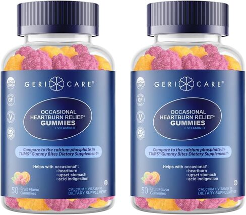 GeriCare Antacid with Vitamin D Gummies, Fruit Flavor – 50 Count, Non-GMO, Gluten-Free, Vegan, Naturally Sourced for Heartburn, Upset Stomach & Acid Indigestion Relief (Pack of 1) in Saudi Arabia