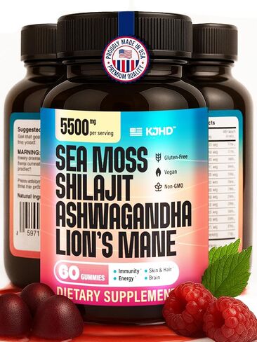 KJHD Shilajit Ashwagandha Gummies with Sea Moss ، Beet Root ، Lion’s Mane Mushroom & Black Seed Oil - ملحق Superfood الأعشاب العضوية - 60 Gultgan Gummies in Kuwait
