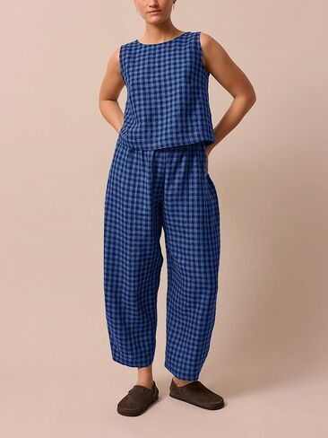 Womens Summer Pajama Sets 2 Piece Outfits Plaid Tank Top and Pants Cotton Gingham Lounge Set in Kuwait