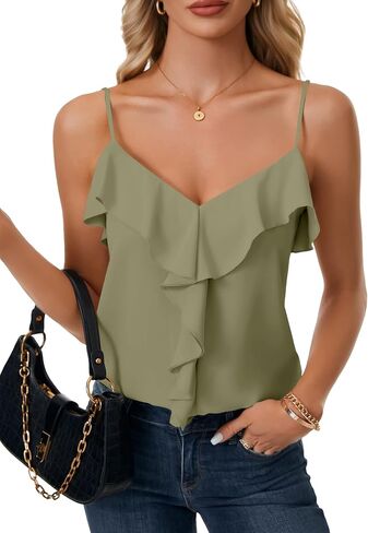Vrtige Women's Camisole V Neck Flowy Ruffle Hem Cami Spaghetti Strap Tank Tops in Kuwait