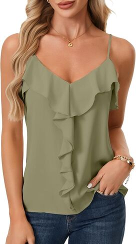 Vrtige Women's Camisole V Neck Flowy Ruffle Hem Cami Spaghetti Strap Tank Tops in Kuwait