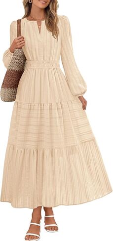 MEROKEETY Women's 2025 Fall Long Sleeve Maxi Dress V Neck Elastic Waist Flowy Tiered Boho Casual Dresses with Pockets in Saudi Arabia