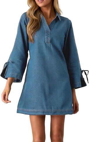 Womens Denim Shirt Dress Collared V Neck Bell Long Sleeve Mini Casual A-line Jean Dresses with Bow in Saudi Arabia