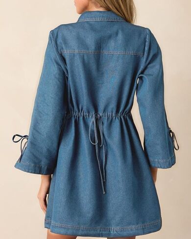 Womens Denim Shirt Dress Collared V Neck Bell Long Sleeve Mini Casual A-line Jean Dresses with Bow in Saudi Arabia