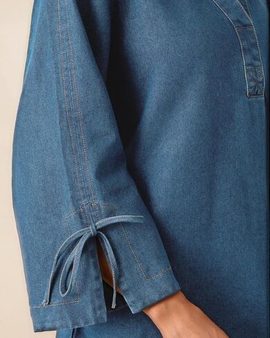 Womens Denim Shirt Dress Collared V Neck Bell Long Sleeve Mini Casual A-line Jean Dresses with Bow in Saudi Arabia