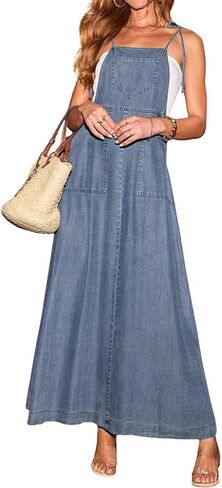 Chouyatou Women's 2025 Summer Spaghetti Strap Maxi Long Denim Dress Swing Flowy Jean Jumper Dress Comple in Saudi Arabia
