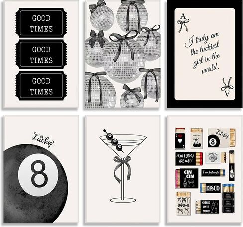 Fashion Black White Preppy Wall Art Funky Bows Disco Lucky 8 Balls Matchbox Picture Wall Decor Vintage Tickets Ace Painting Prints Martini Cocktail Y2K Posters Artwork for Girl Room Dorm Apartment in Saudi Arabia