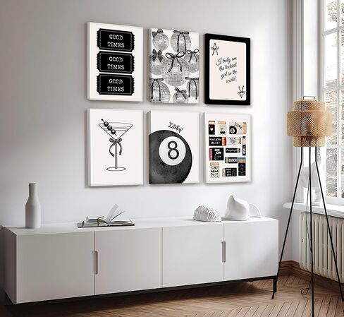 Fashion Black White Preppy Wall Art Funky Bows Disco Lucky 8 Balls Matchbox Picture Wall Decor Vintage Tickets Ace Painting Prints Martini Cocktail Y2K Posters Artwork for Girl Room Dorm Apartment in Saudi Arabia