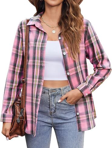 Zeagoo Flannel Shirt Women Button Down Long Sleeve Plaid Shirts Collared 2025 Casual Work Tops S-2XL in Saudi Arabia