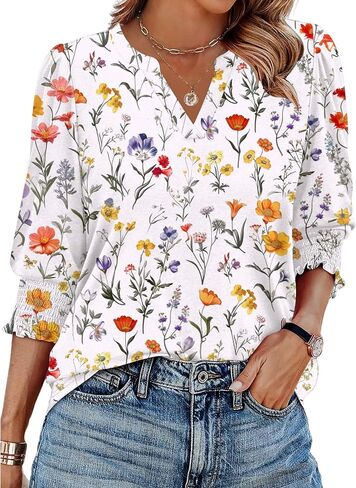 Zeagoo 3/4 Length Sleeve Womens Tops 2025 Floral Womens Blouses V Neck TunicTops with Smocked Cuffs in Saudi Arabia