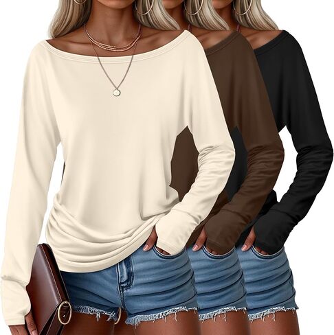 Huukeay 3 Pack Off The Shoulder Boat Neck Tops for Women, Long Sleeve Thumbhole Side Ruched Shirts Loose Causal Tunic Tees in Saudi Arabia