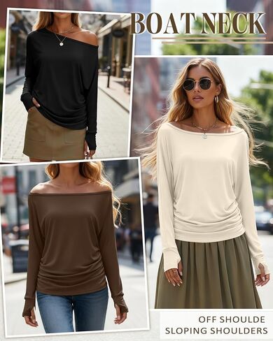 Huukeay 3 Pack Off The Shoulder Boat Neck Tops for Women, Long Sleeve Thumbhole Side Ruched Shirts Loose Causal Tunic Tees in Saudi Arabia