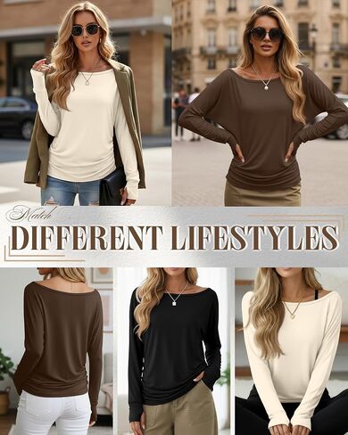 Huukeay 3 Pack Off The Shoulder Boat Neck Tops for Women, Long Sleeve Thumbhole Side Ruched Shirts Loose Causal Tunic Tees in Saudi Arabia