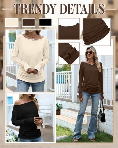 Huukeay 3 Pack Off The Shoulder Boat Neck Tops for Women, Long Sleeve Thumbhole Side Ruched Shirts Loose Causal Tunic Tees in Saudi Arabia