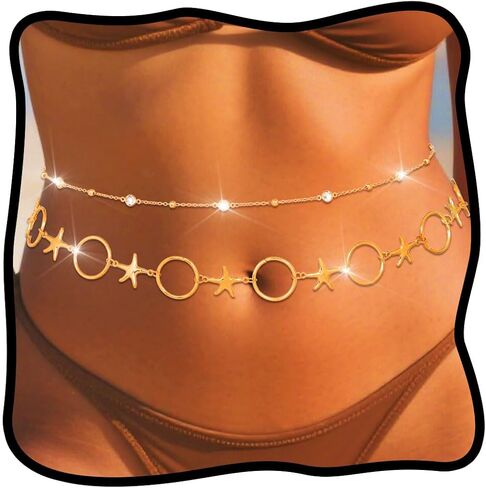 Urieo Rhinestone Waist Chain Diamond Gold Body Jewelry Crystal Layered Belly Chains for Women（Pack of 2) in Saudi Arabia