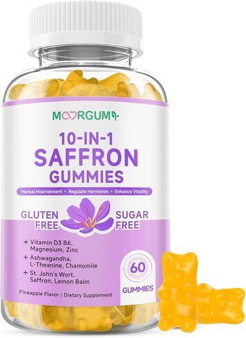 Saffron Gummies for Adult Kids, 10-IN-1 Regulate Cortisol Supplement with Saffron 88.5mg, Vitamin D3, B6, Magnesium, Zinc, Ashwagandha, L-Theanine, St. John's Wort, For Emotions, Slumber, 120 Count in Saudi Arabia