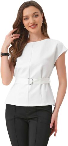 Allegra K Cap Sleeve Dressy Top for Women's Boat Neck Office Work Belted Peplum Tops in Saudi Arabia