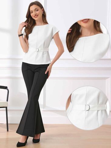 Allegra K Cap Sleeve Dressy Top for Women's Boat Neck Office Work Belted Peplum Tops in Saudi Arabia