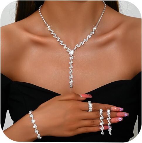 Silver Rhinestone Necklace Bridesmaid Earring Wedding Jewelry Set for Brides Prom Jewelry Sets for Women in Kuwait