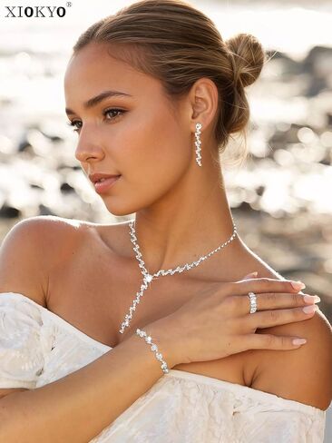 Silver Rhinestone Necklace Bridesmaid Earring Wedding Jewelry Set for Brides Prom Jewelry Sets for Women in Kuwait