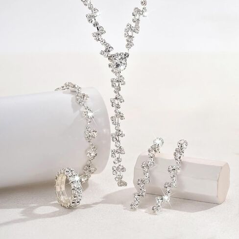 Silver Rhinestone Necklace Bridesmaid Earring Wedding Jewelry Set for Brides Prom Jewelry Sets for Women in Kuwait