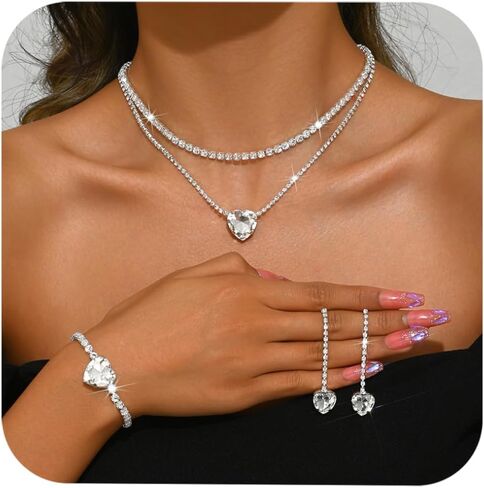 Silver Rhinestone Necklace Bridesmaid Earring Wedding Jewelry Set for Brides Prom Jewelry Sets for Women in Kuwait