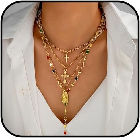 Gold Rosary Necklace for Women Layered Long Cross Lariat Necklace Colorful Rhinestone Stackable Pendant Necklaces Trendy Boho Jewelry Accessories in Saudi Arabia