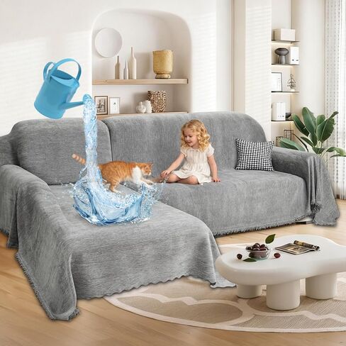 1OO% Waterproof Sectional Couch Covers for Dogs Chenille L Shape Sofa Cover Blanket Set 2 Pieces Sectional Slipcover with Tassel Soft Washable Pet Furniture Protector (X-Large, Charcoal Grey) in Kuwait
