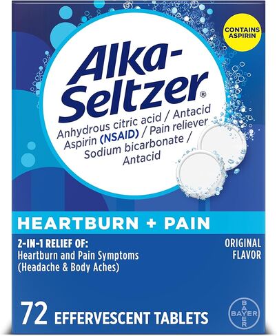alka-seltzer حرقة + ألم effervesent aspirin + أقراص مضادات الحموضة ، والارتياح السريع للحرقة والتخفيف من عسر الهضم الحمضي ، وتخفيف الألم مع الأسبرين ، 12 ct in Kuwait