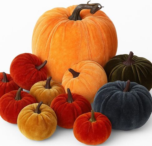 Preboun 10 Pcs Assorted Size Fall Artificial Velvet Pumpkins Decoration Rustic Harvest Fake Pumpkins Decorative Halloween Thanksgiving Decor for Home Farmhouse Kitchen Table Centerpiece(Black) in Saudi Arabia
