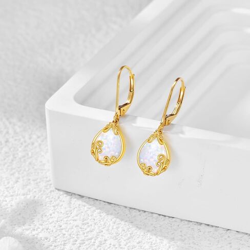 14K Real Gold Tree of Life Earrings for Women Solid Yellow Gold Opal Leverback Earrings Delicate Jewelry Birthday Gifts for Wife Mom in Saudi Arabia